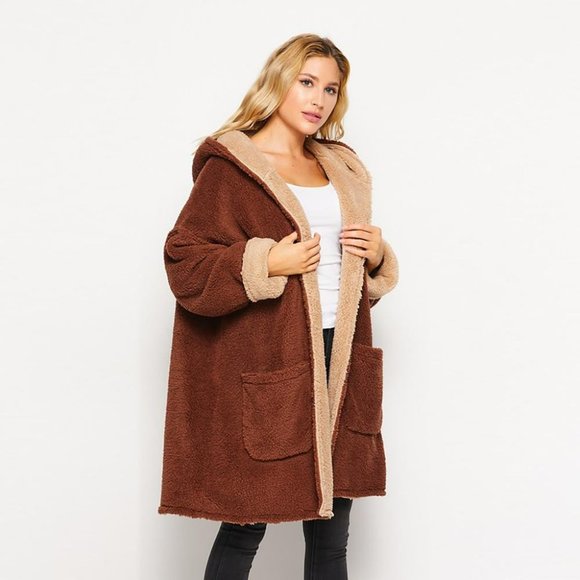 Jackets & Blazers - Color Contrast Sherpa Hoodie Cardigan